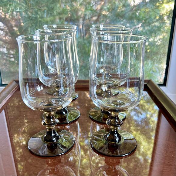 Set of 6 Libbey Stemmed Tulip Glasses Smoky Base 6.5” Vintage Goblets - Picture 2 of 9